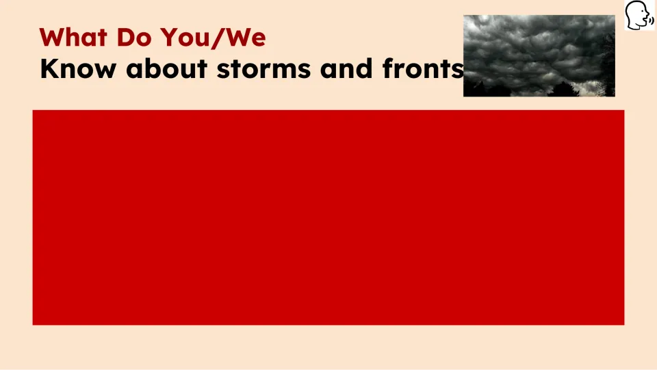 Prior-knowledge prompt asks what students know about storms and fronts, with space to record a response