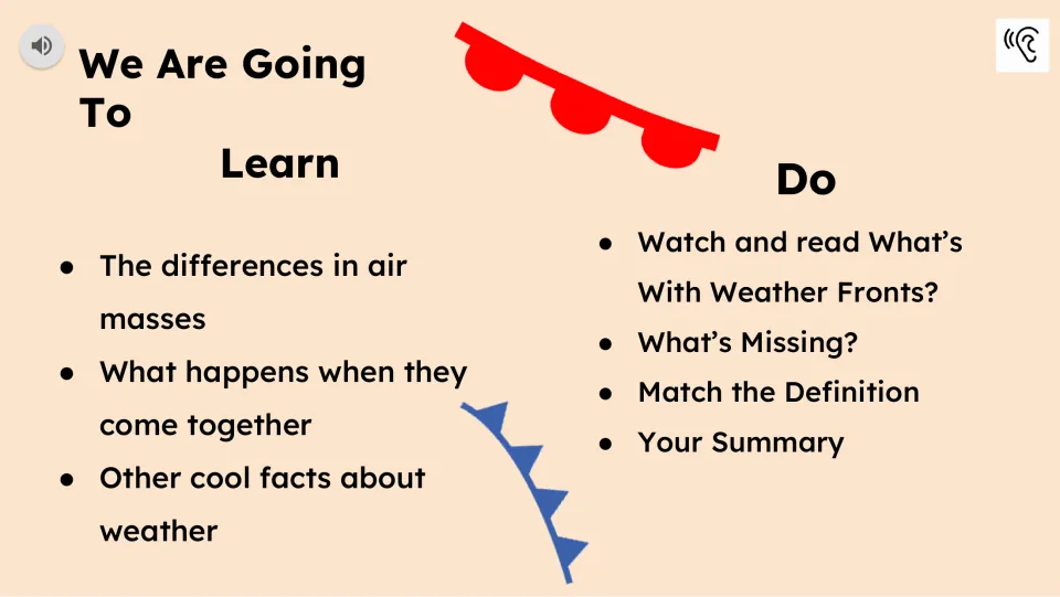 Learning goals introduce differences in air masses and what happens when they meet, followed by lesson tasks