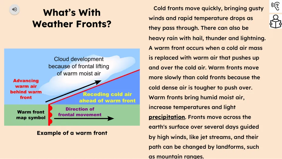 Reading passage part 2 compares cold and warm front weather and explains front movement, with a warm front diagram
