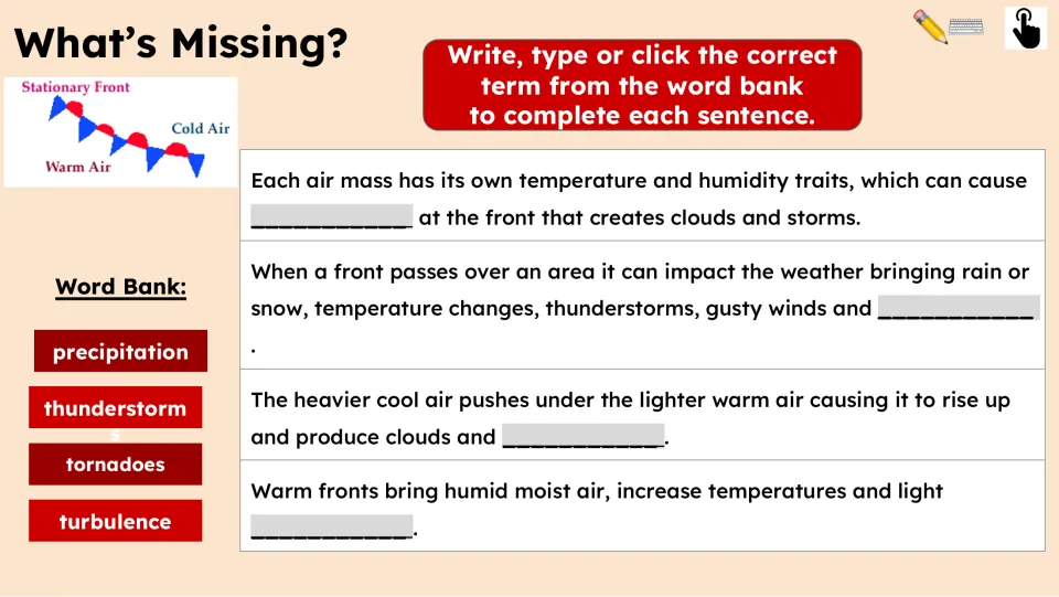 Fill-in-the-blank activity uses turbulence, tornadoes, thunderstorms, and precipitation to complete four sentences