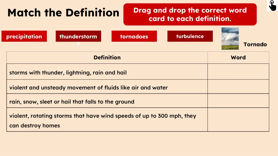 Vocabulary matching activity asks students to pair four definitions with weather terms by dragging word cards
