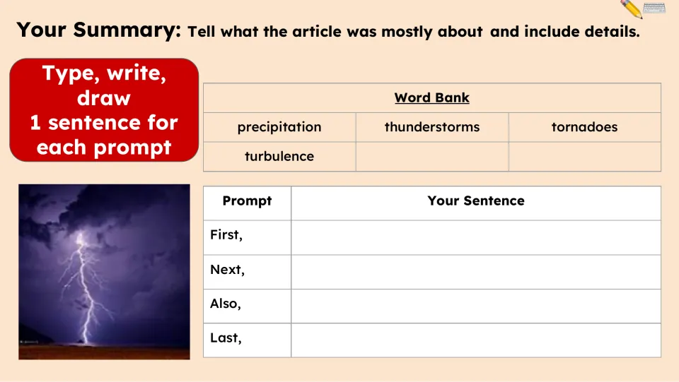 Summary task asks for one sentence each using First, Next, Also, and Last, supported by a weather vocabulary bank