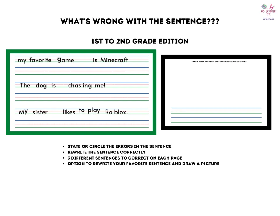 What's Wrong With the Sentence cover, 1st to 2nd grade edition, previewing error-fix sentences and a draw-a-picture page