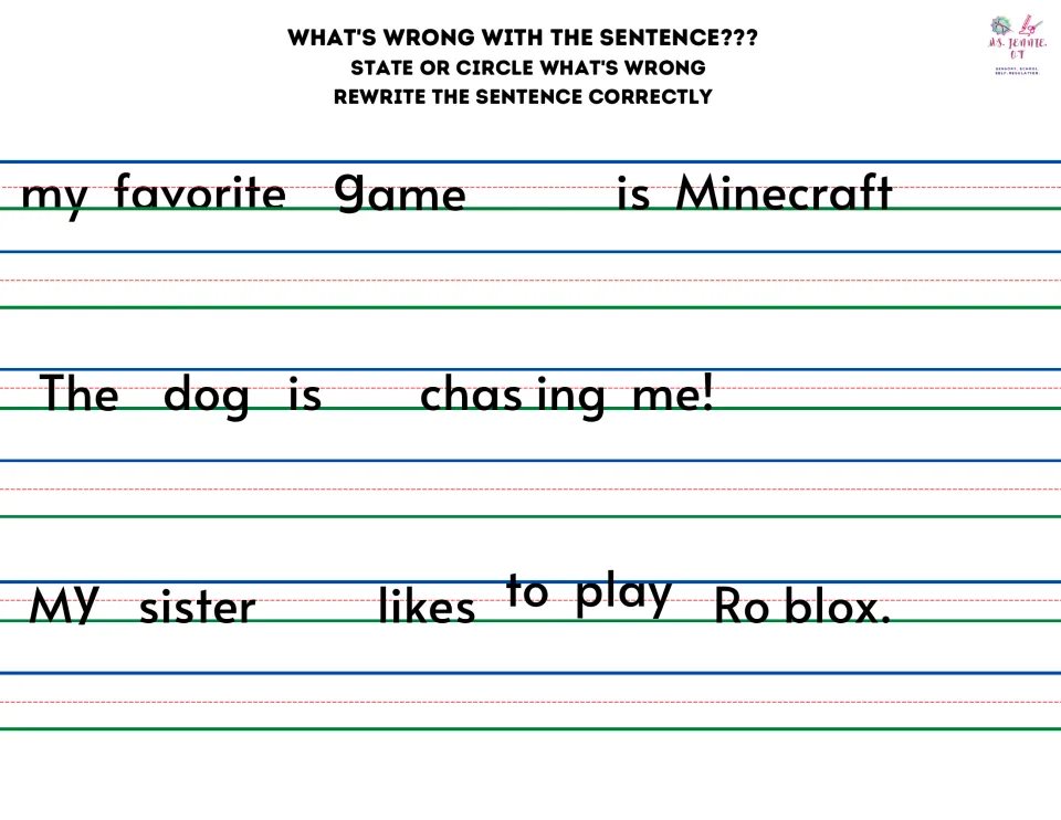 Sentence editing: students circle errors in Minecraft, dog chasing and Roblox sentences, then rewrite each one correctly