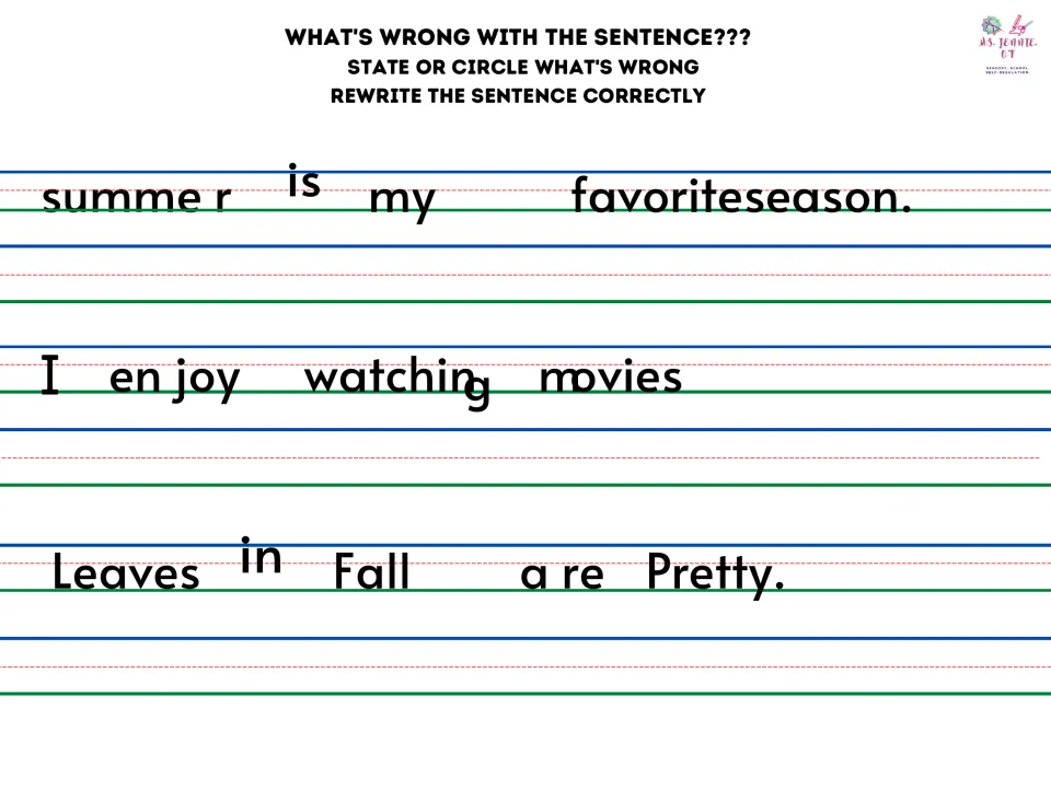 Fixing sentence errors: students find mistakes in sentences about summer, watching movies and fall leaves, then rewrite them