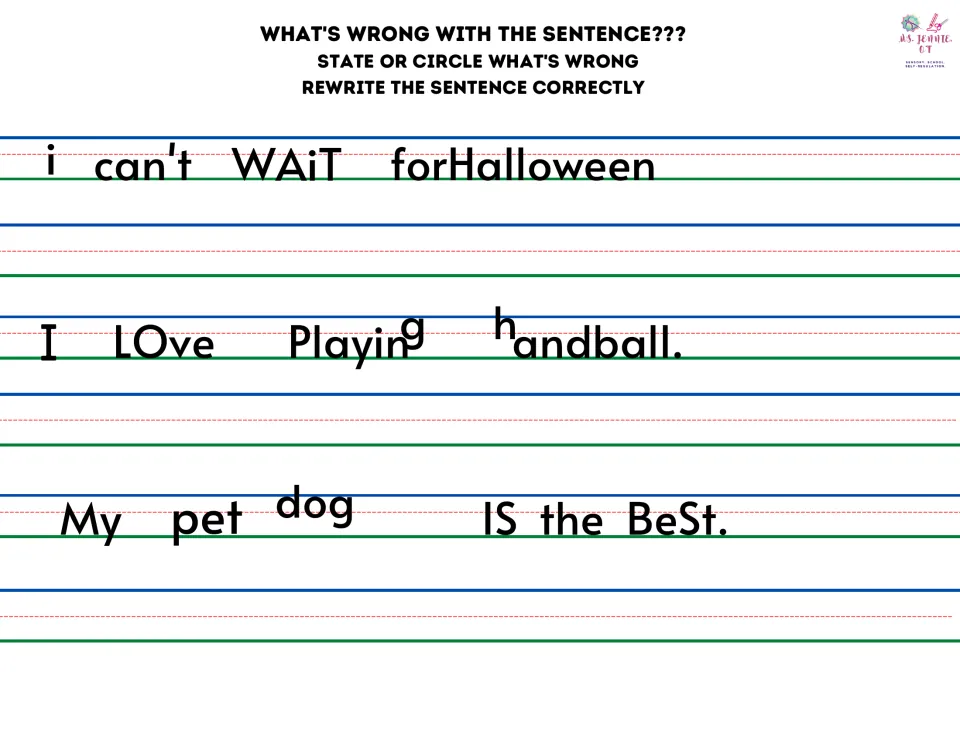 Capitalization and spacing errors: students circle mistakes in Halloween, handball and pet dog sentences, then rewrite them