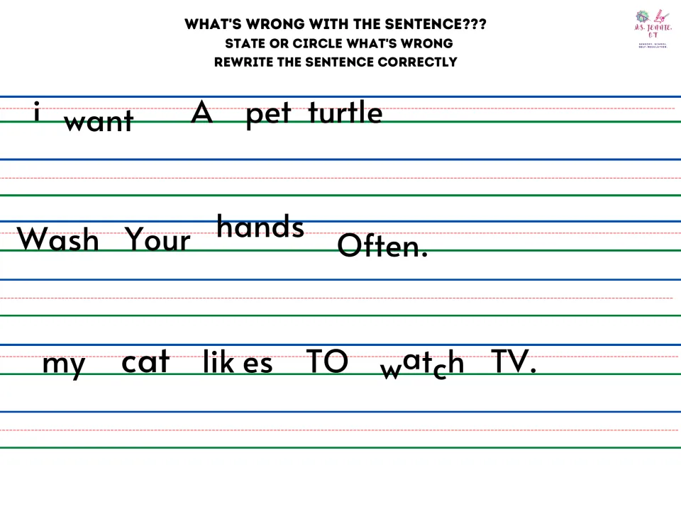 Sentence correction: students mark errors in pet turtle, wash your hands and cat watching TV sentences, then rewrite them