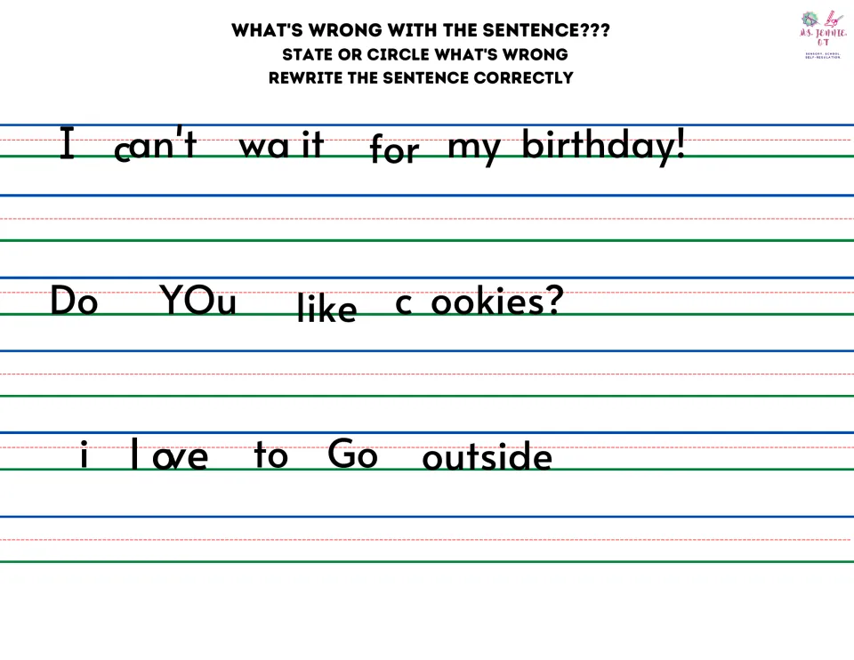 Editing practice: students spot errors in birthday, cookies question and going outside sentences, then write them correctly