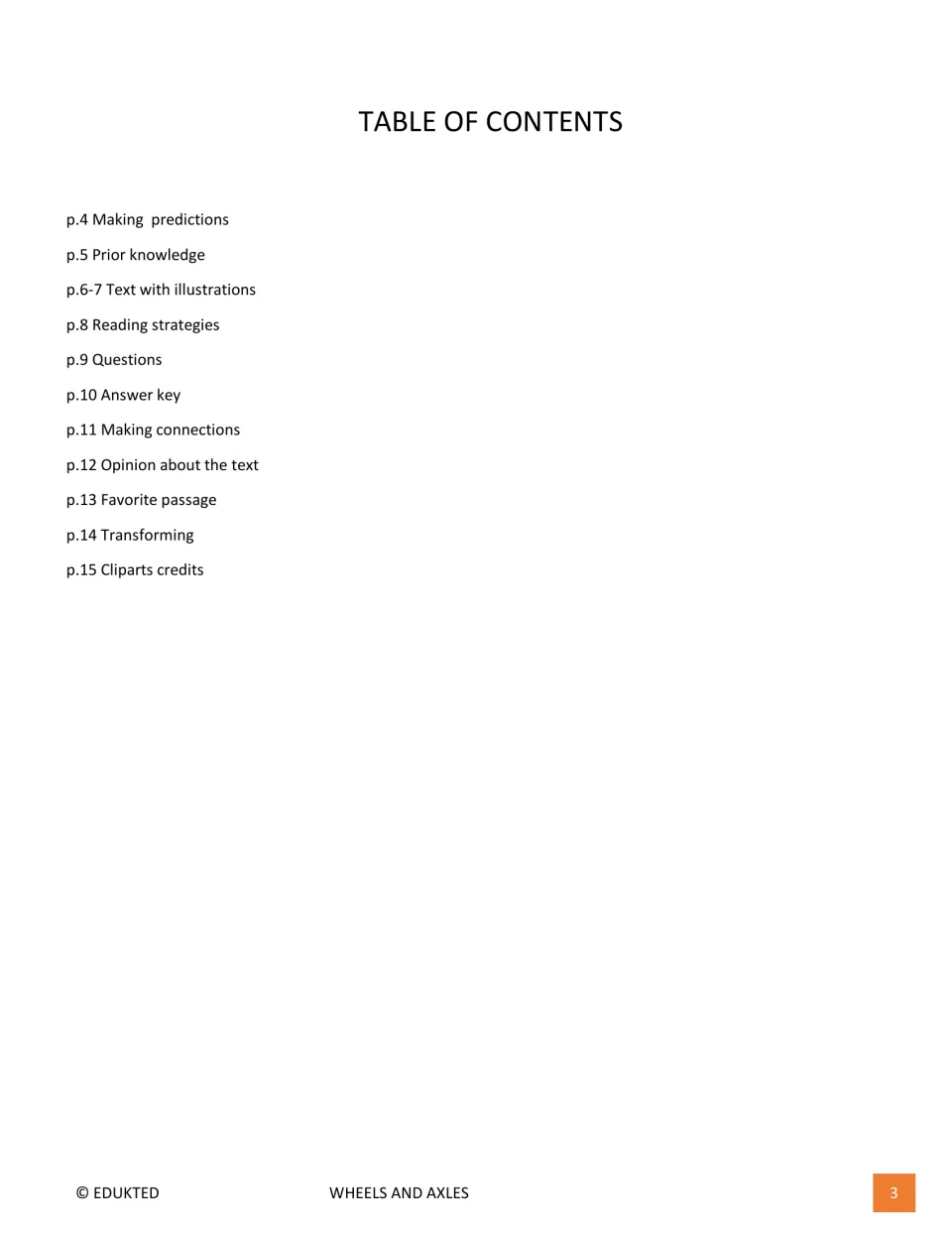 Table of contents lists predictions, prior knowledge, illustrated text, questions, and response activities