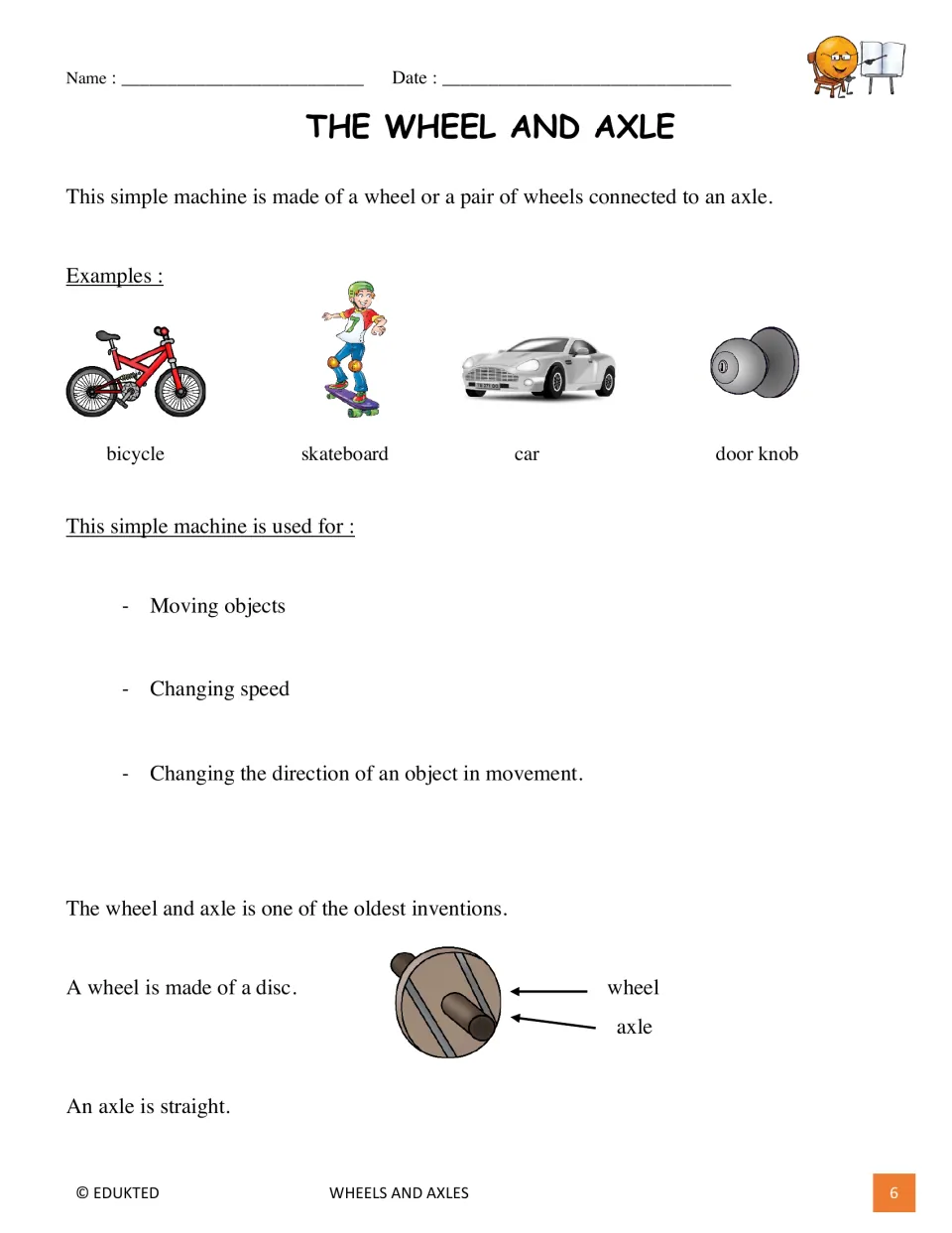 First passage page introduces the wheel and axle, labels its parts, and gives bicycle and doorknob examples