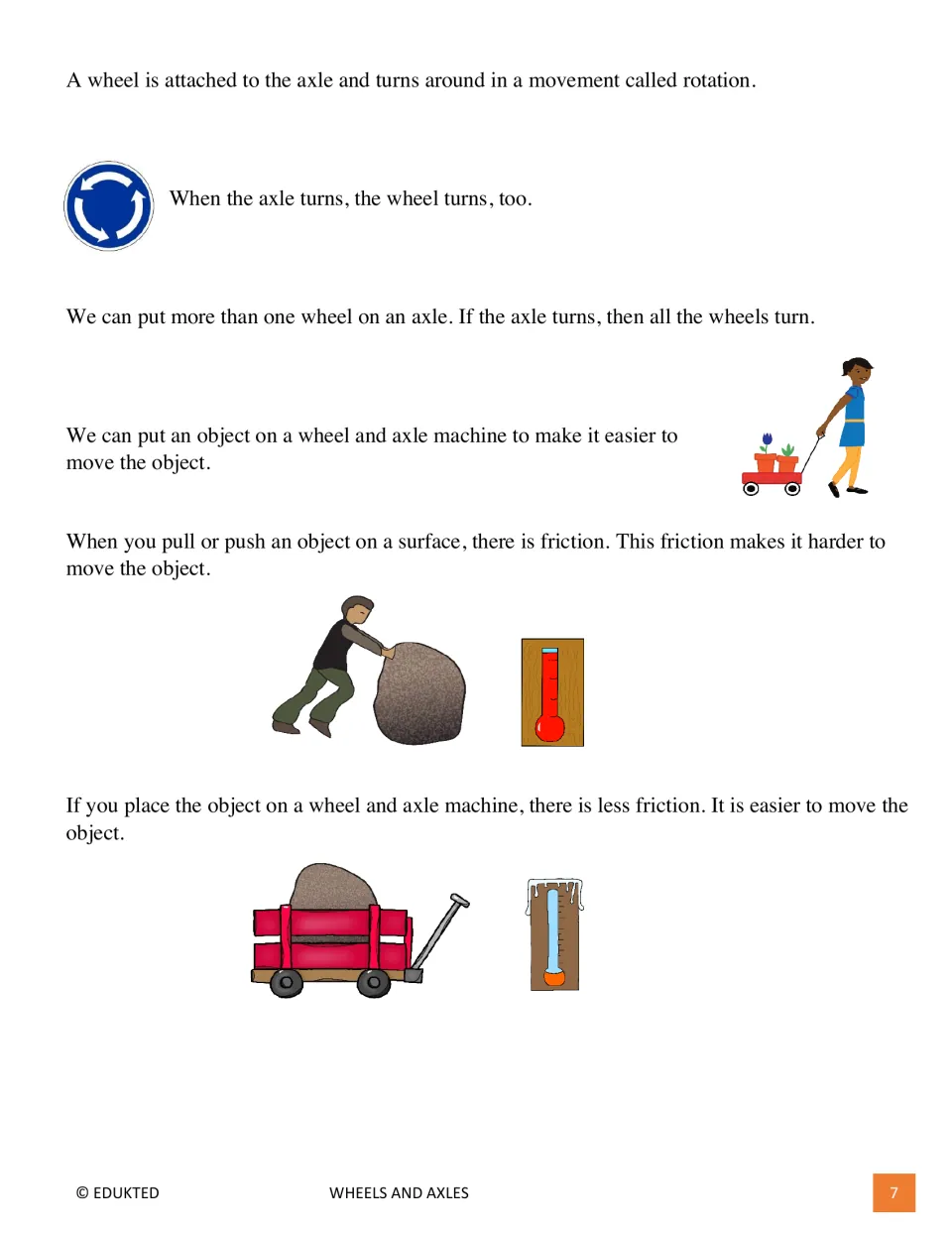 Second passage page explains rotation and friction, comparing pushing a rock with moving it in a wagon