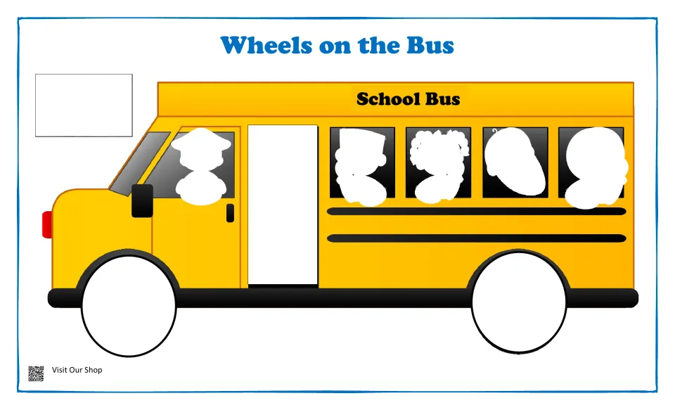 Wheels on the Bus cut-and-paste base: school bus with blank spaces for wheels, door, windshield and window riders