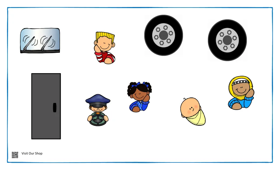 Bus cut-out pieces: two wheels, a door, a windshield with wipers, a driver, a baby and three child riders