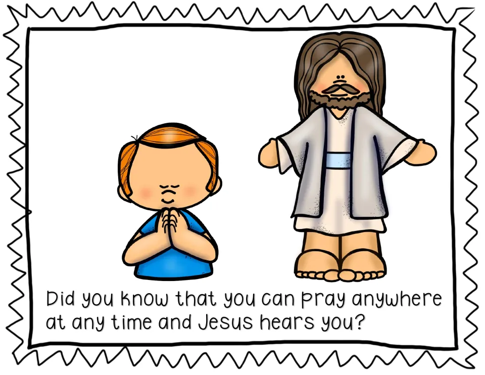 Praying anywhere, any time: a boy with folded hands stands beside Jesus, with the text asking if Jesus hears you