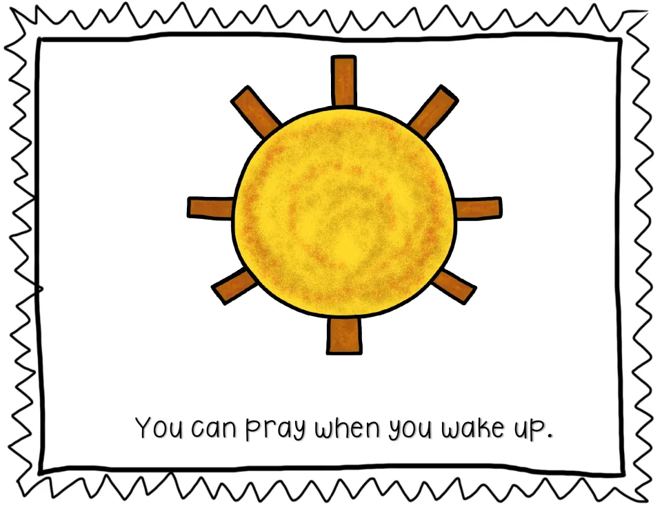 Praying when you wake up: a large bright sun illustrates morning with the sentence about praying on waking