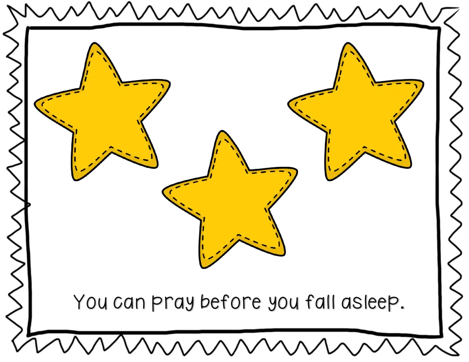 Praying before you fall asleep: three yellow stars show the night sky beside the sentence about bedtime prayer