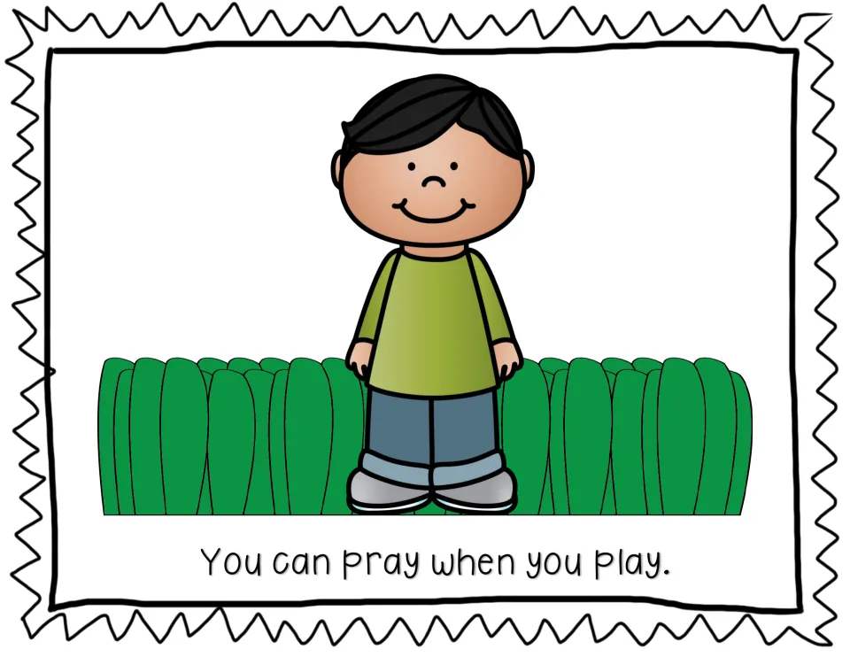 Praying when you play: a smiling boy in a green shirt stands in tall green grass with the sentence about playtime
