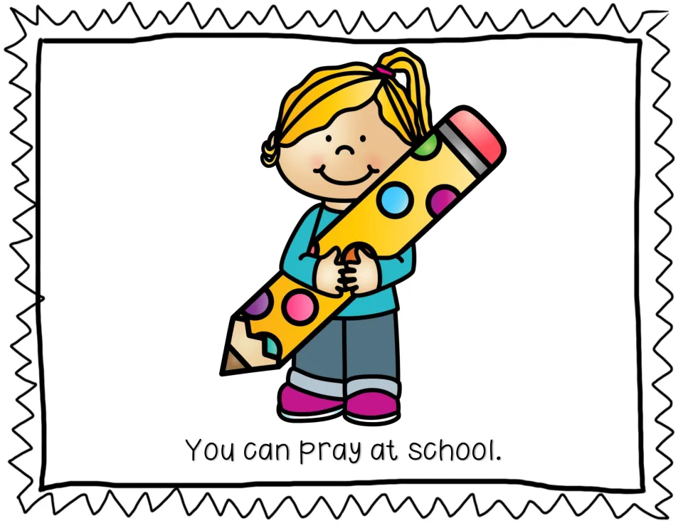Praying at school: a smiling girl with a ponytail hugs a giant polka-dot pencil beside the sentence about school