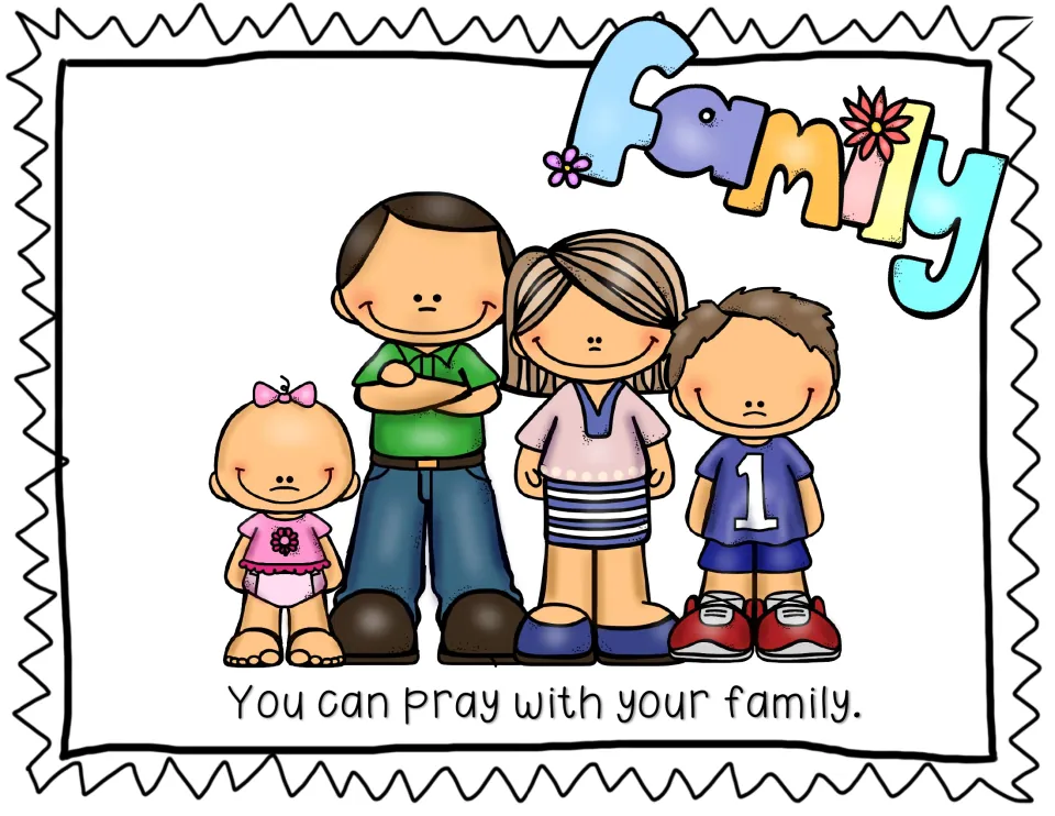 Praying with your family: a baby, dad, mom and boy stand together under a colorful FAMILY title with the sentence