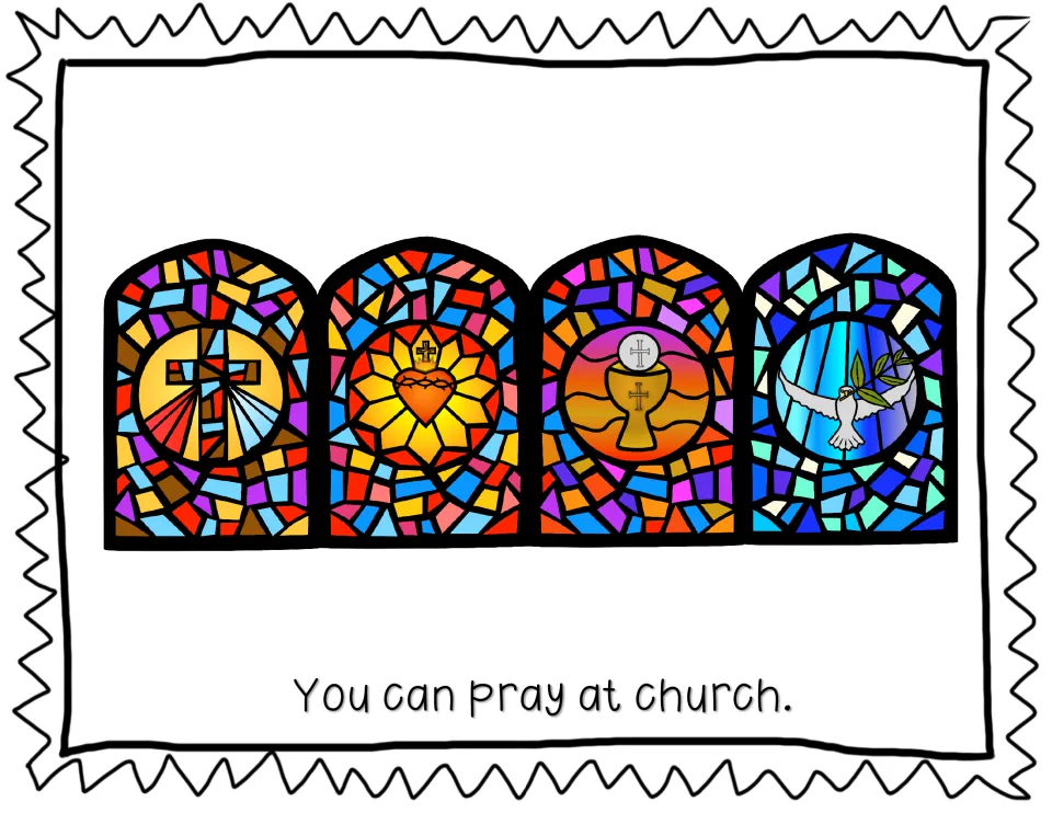 Praying at church: four stained glass windows show a cross, a heart, a chalice and a dove with the closing sentence