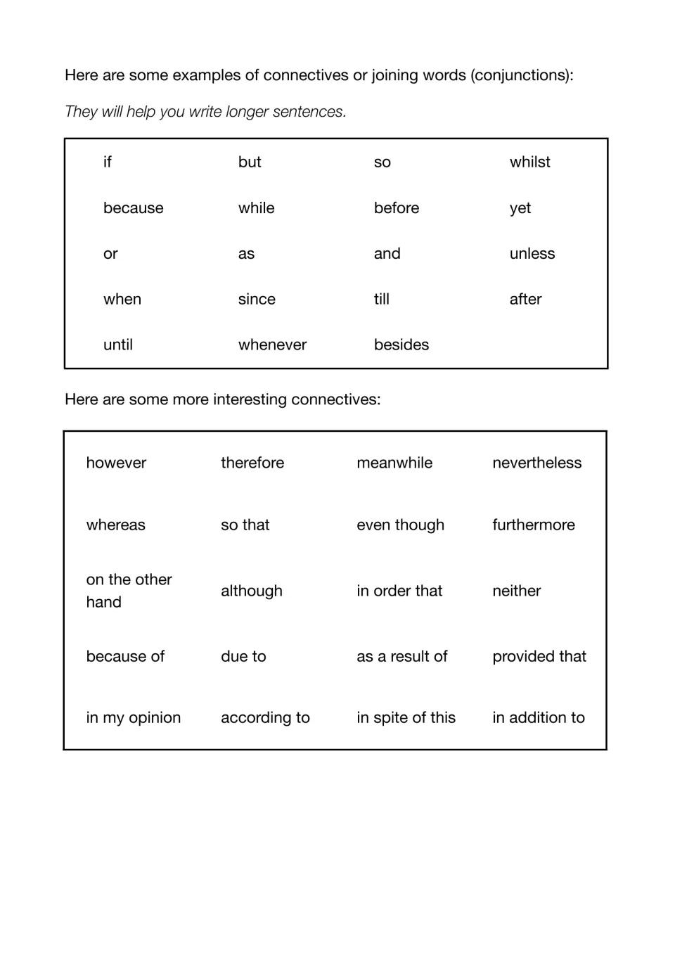 Connectives word bank: simple joining words like if, because and until, plus phrases like however, whereas and due to