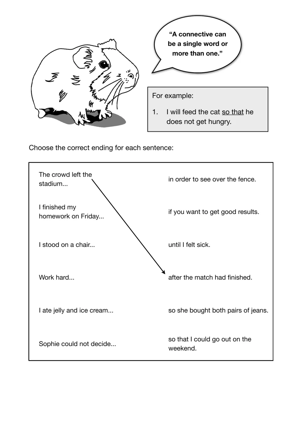 Multi-word connectives: a guinea pig notes they can be more than one word; students match 6 sentence openings to endings