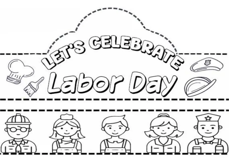 Let's Celebrate Labor Day crown to color and cut out, with work hats, a paintbrush and a band of five workers