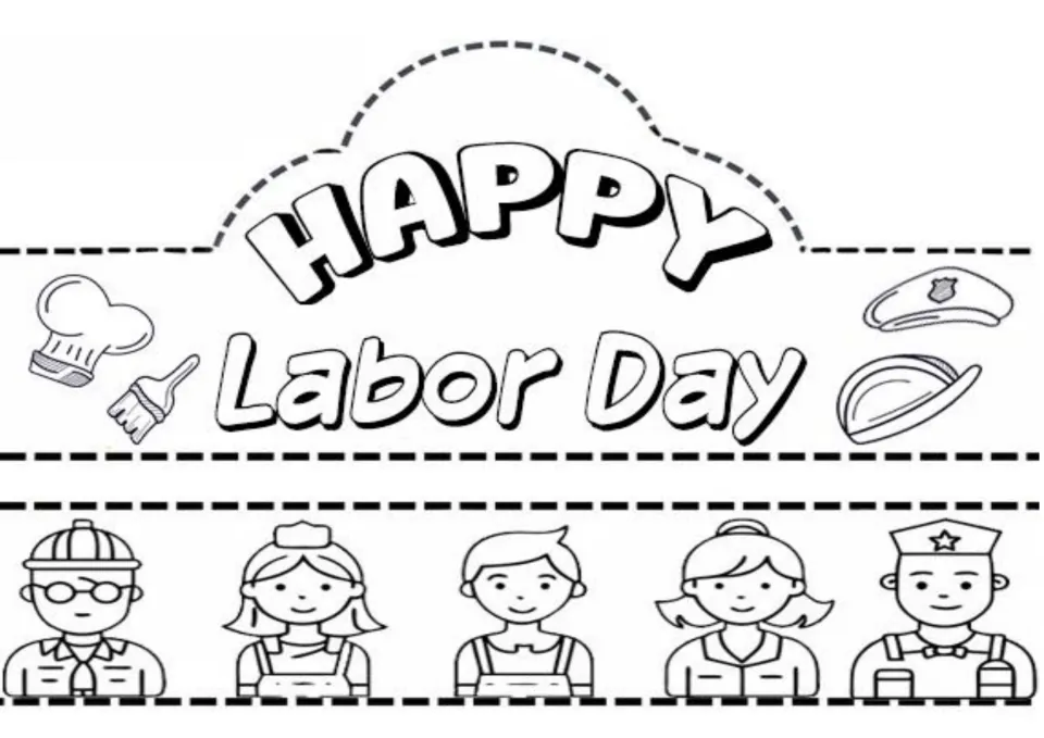 Happy Labor Day crown to color and cut out, with a chef hat, police cap and hard hat plus a headband of five workers