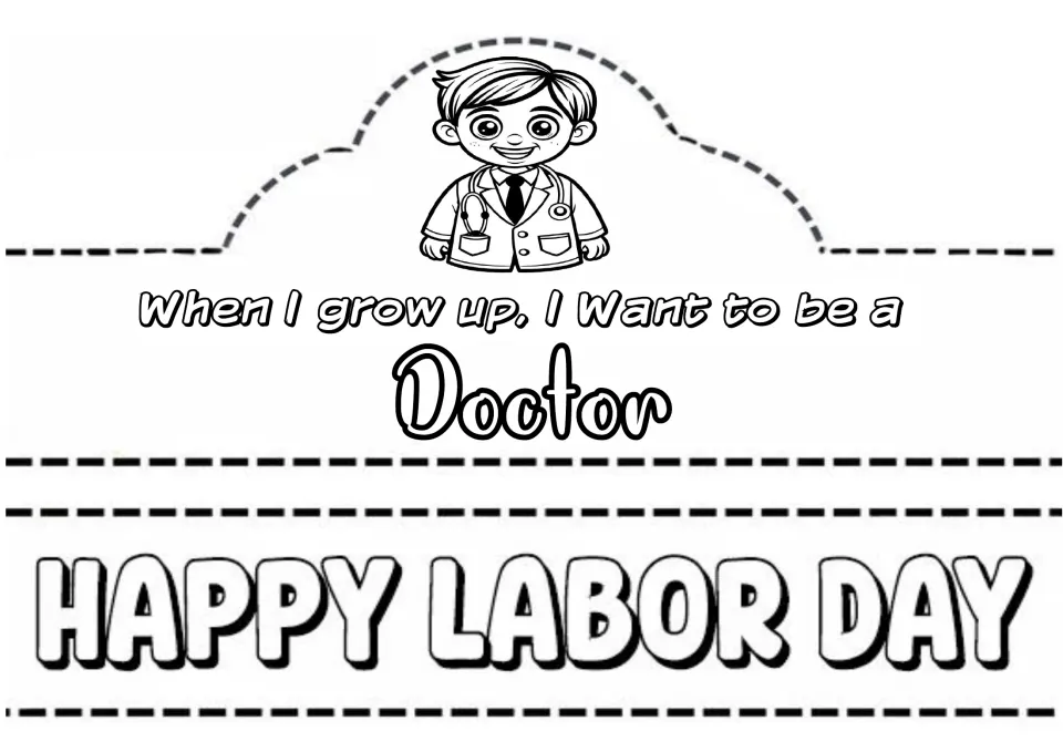 Doctor crown: a boy in a white coat with a stethoscope above "When I grow up, I want to be a Doctor" to color and cut