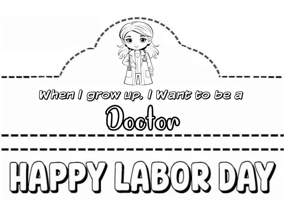 Doctor crown with a girl in a lab coat and stethoscope, the "When I grow up" sentence and a Labor Day band