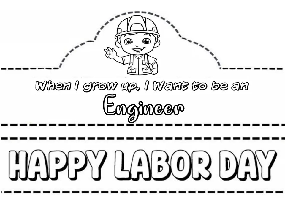 Engineer crown: a waving boy in a hard hat and vest above "When I grow up, I want to be an Engineer" to color