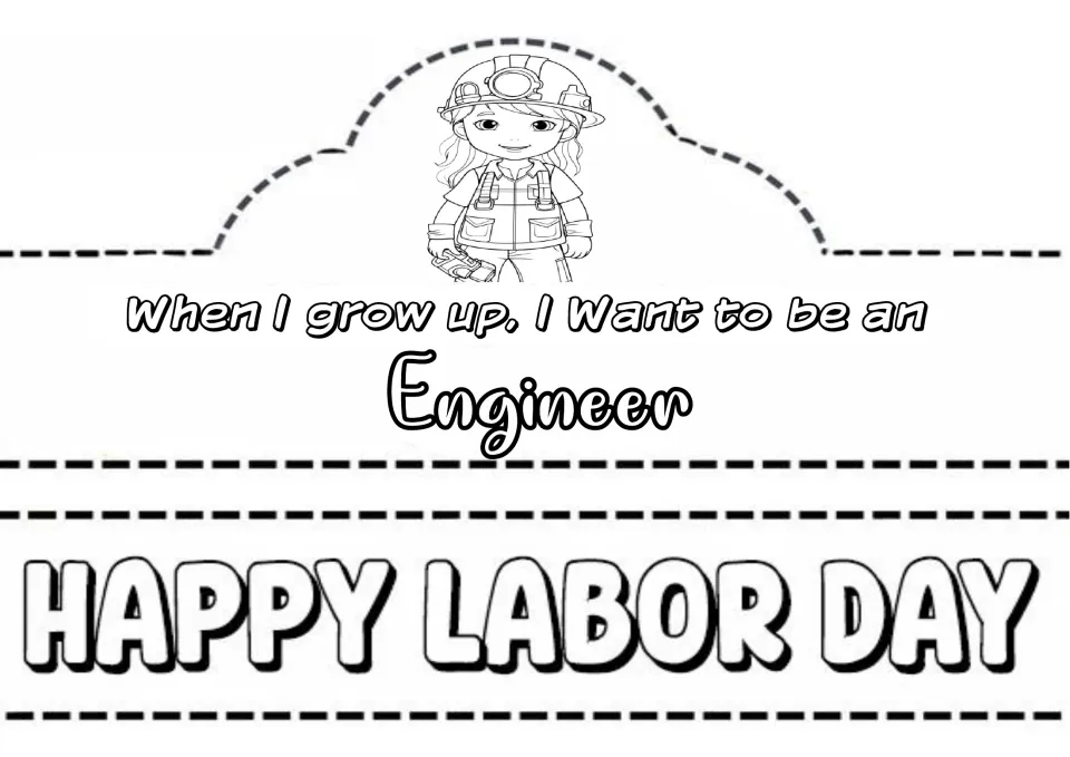 Engineer crown with a girl in a hard hat and overalls holding a tool, plus the career sentence and a Labor Day band