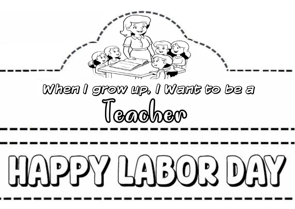Teacher crown: a teacher and children at a table with a book above "When I grow up, I want to be a Teacher" to color