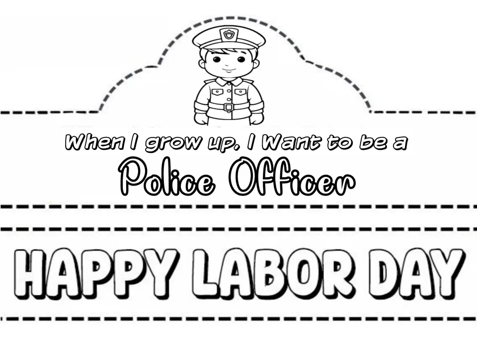 Police officer crown: a boy in uniform and badge cap above "When I grow up, I want to be a Police Officer" to color