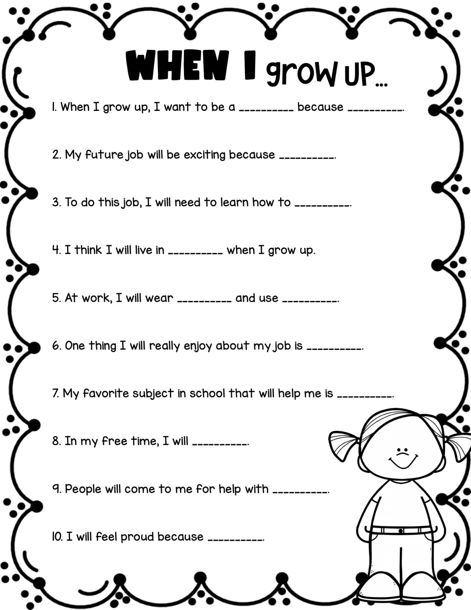 Career sentence starters: students complete 10 prompts on a future job, what they'll wear and use, and why they'll feel proud