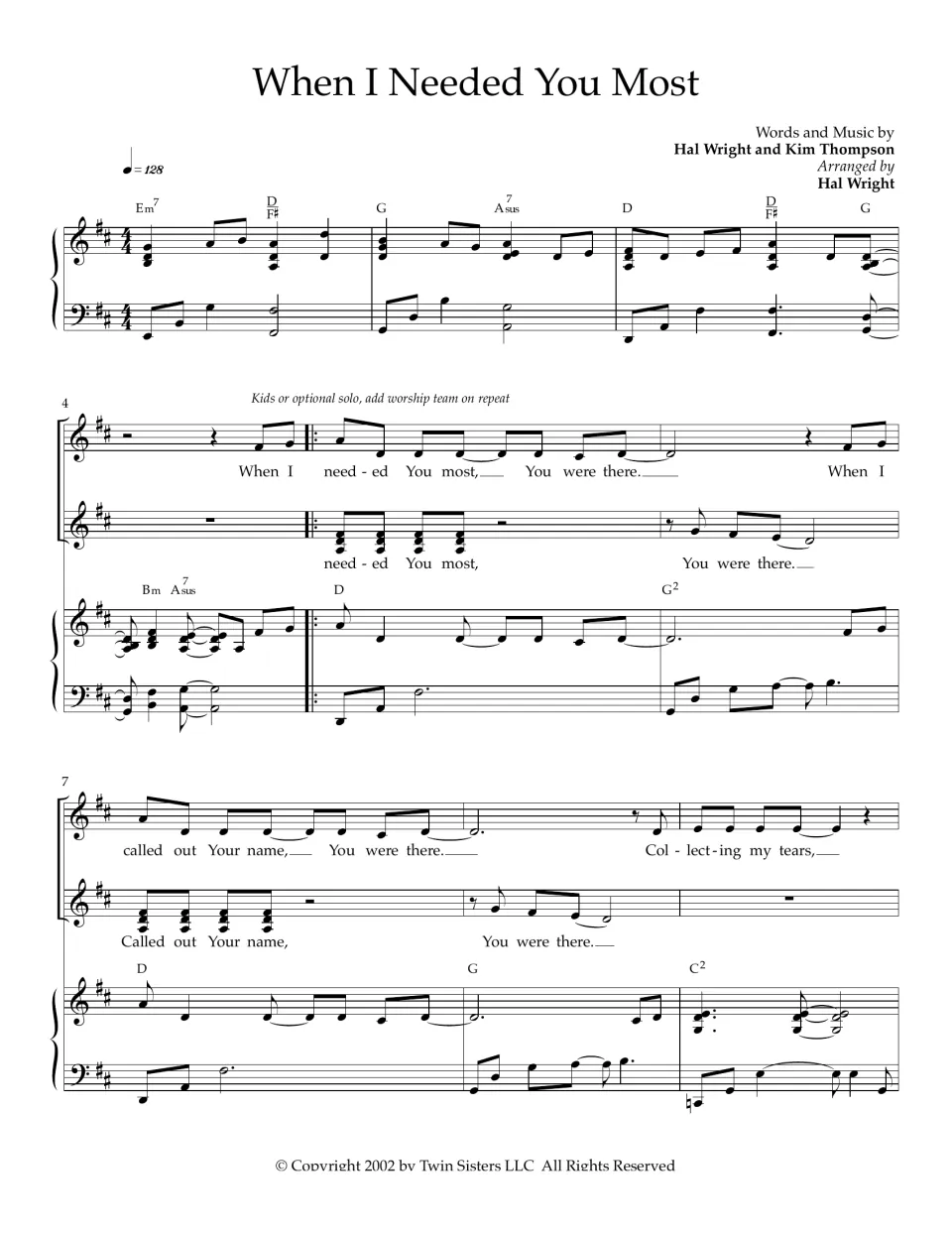 When I Needed You Most, measures 1-9: piano intro in D, then solo and harmony voices sing the opening verse
