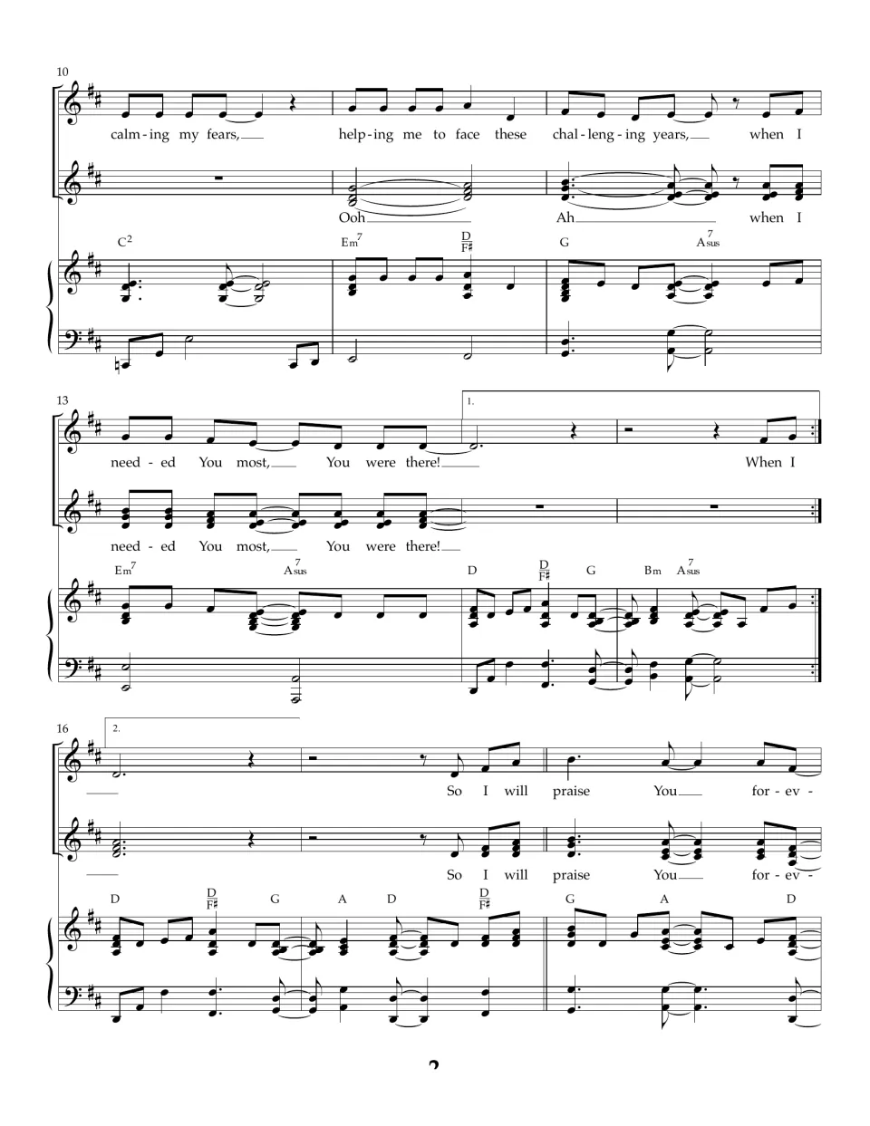Measures 10-18: voices sing "calming my fears" over Ooh/Ah backing, first and second endings, then "So I will praise"