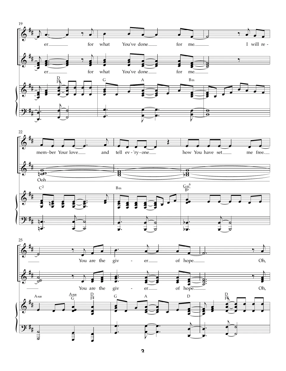 Measures 19-27 of the chorus: singers carry "for what You've done for me" and "You are the giver of hope" over piano chords