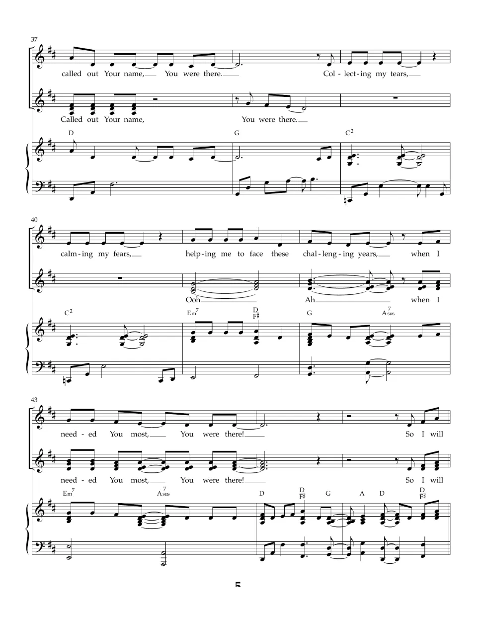 Measures 37-45: second verse "called out Your name" and "collecting my tears" with Ooh/Ah backing, ending at "So I will"