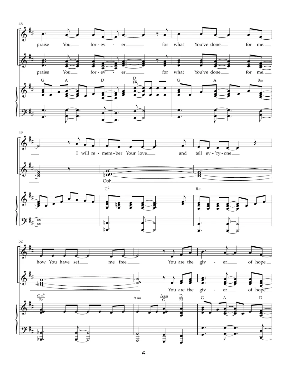 Measures 46-54: chorus repeats "praise You forever" and "I will remember Your love" with Gm6/Bb and Asus piano chords