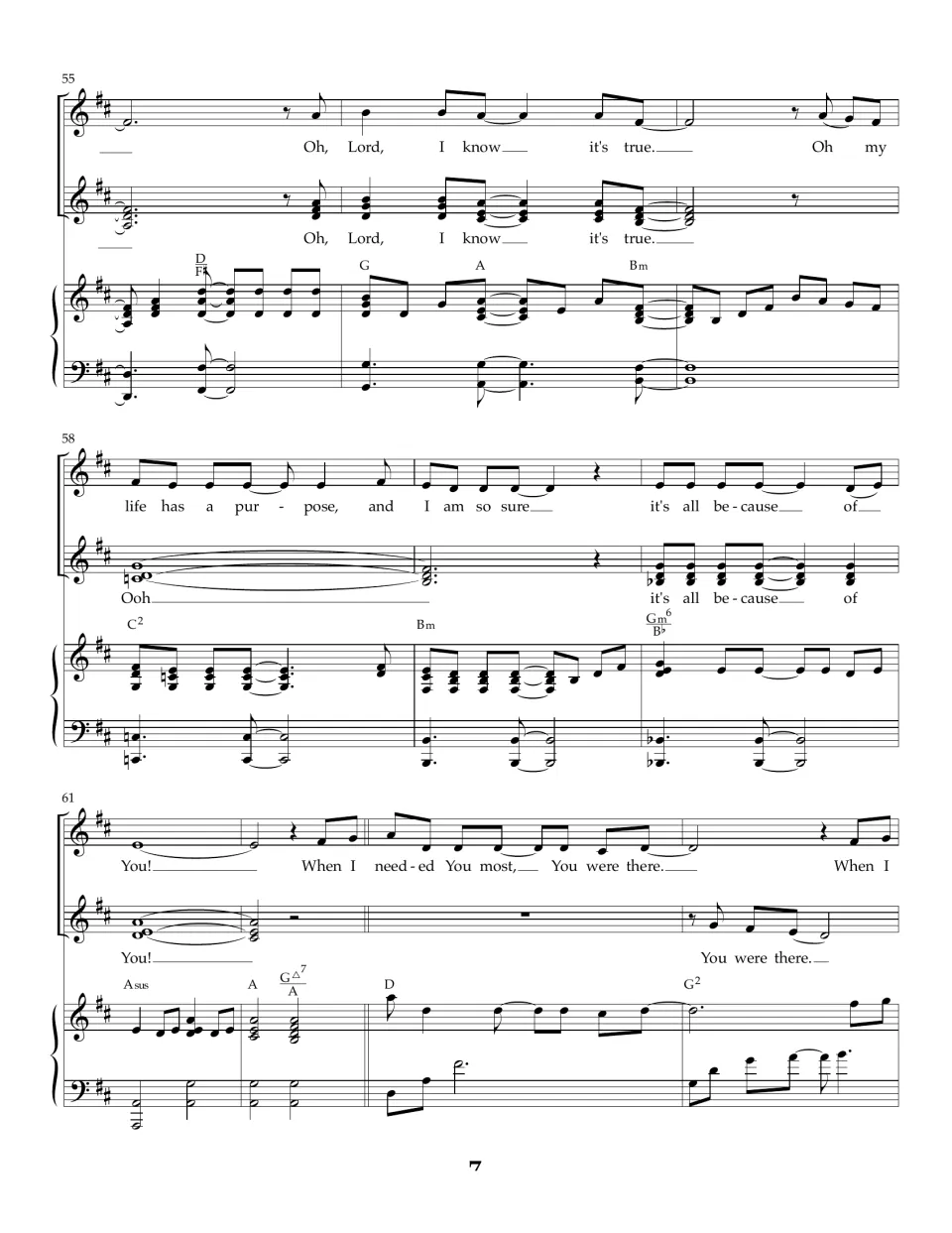 Measures 55-64: "Oh, Lord, I know it's true" builds to a held "You!" and the final "When I needed" verse begins