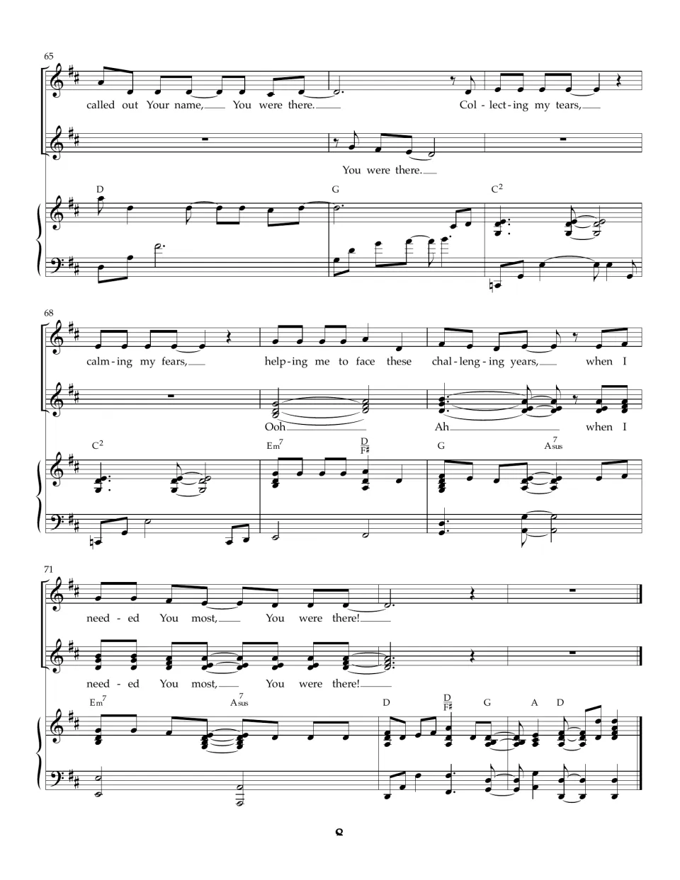 Measures 65-72, last page: final verse and "You were there!" ending, with the piano closing on a D chord