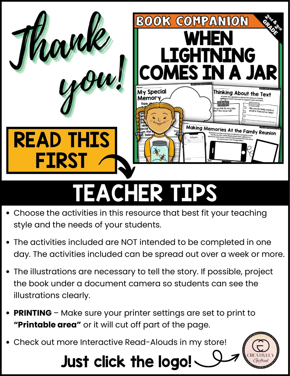 Teacher tips: spread activities over a week, project the book's illustrations, set printing to printable area