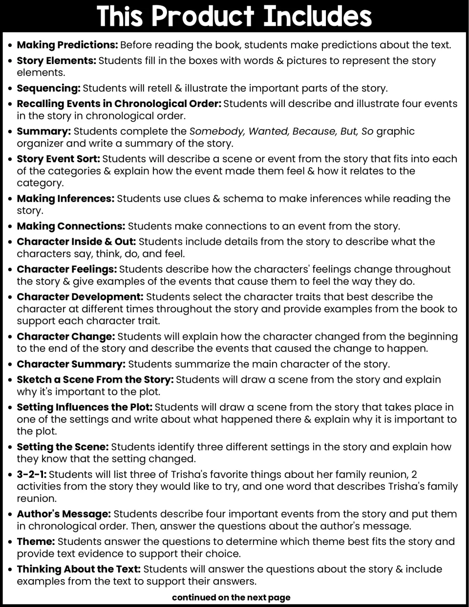 Contents list part 1: predictions, story elements, sequencing, summary, inferences, character, setting and theme tasks