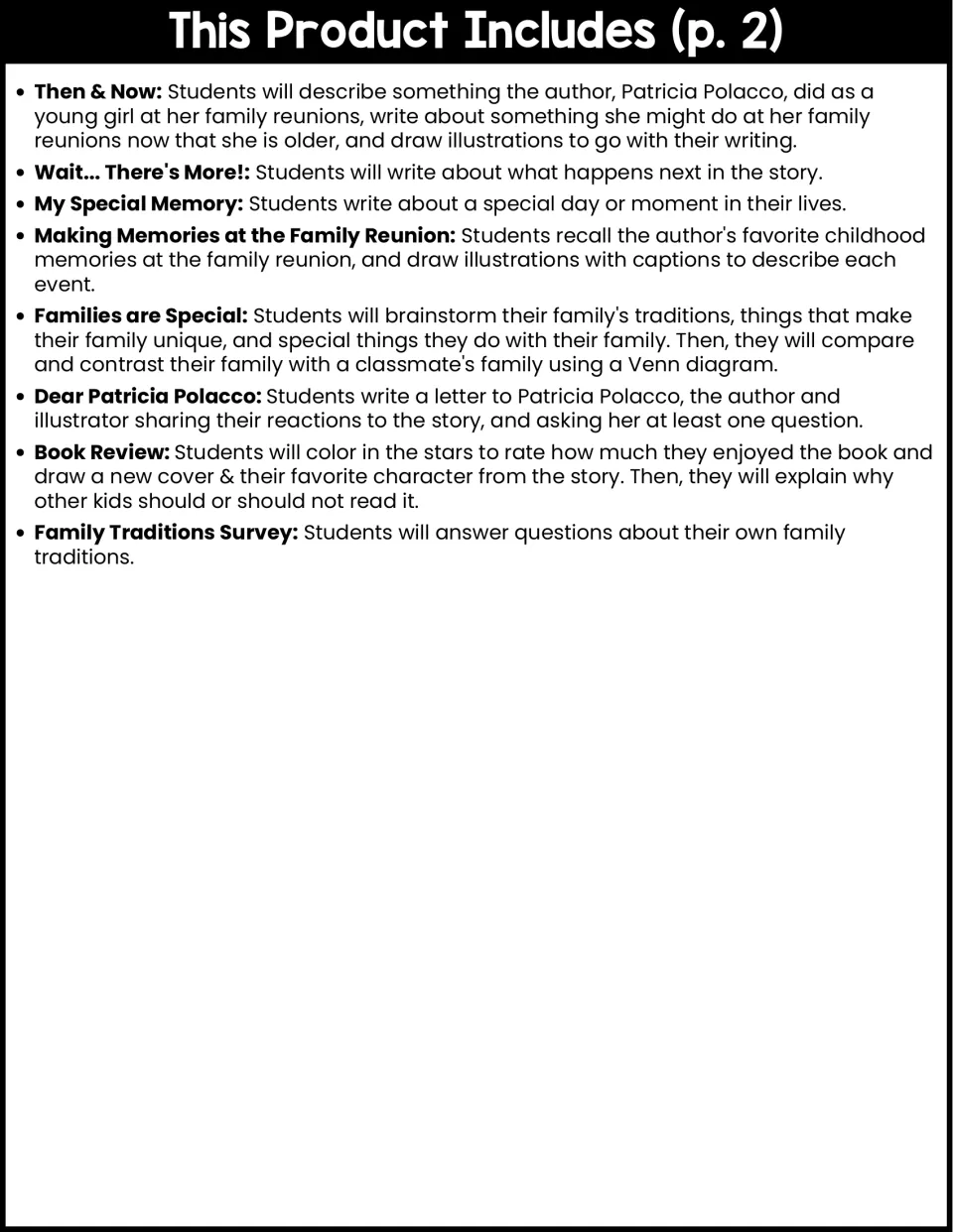 Contents list part 2: Then & Now, My Special Memory, family Venn diagram, letter to Patricia Polacco, book review, survey