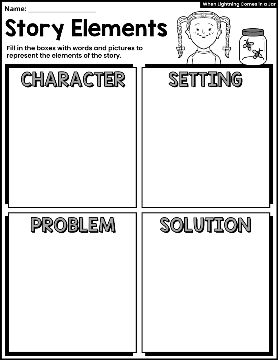 Story elements: students use words and pictures to record the character, setting, problem and solution of the story