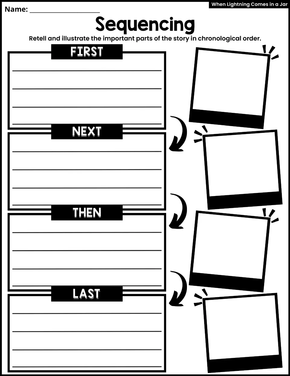 Sequencing: students retell and draw the important parts of the story in order using First, Next, Then and Last