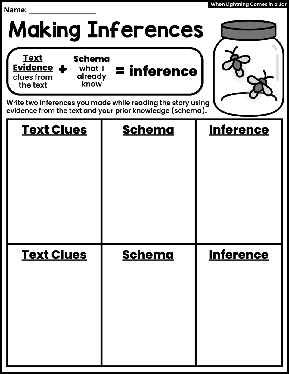Making inferences: students write two inferences from the story using text clues plus schema, what they already know