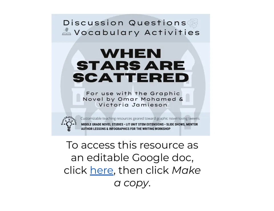 When Stars Are Scattered cover: discussion questions and vocabulary activities, plus a link to copy the Google doc