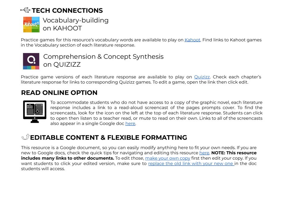 Tech connections: Kahoot vocabulary games, Quizizz comprehension games, read-aloud screencasts and editing tips